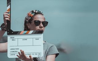 Clap board for movies overlooking the desert