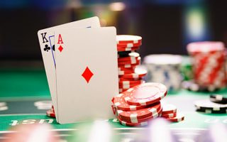 Blackjack table with card and chips?